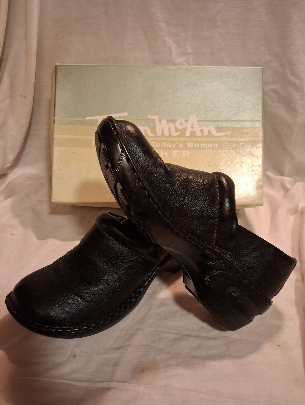 Thom McAn Black Leather Slip-On Clogs